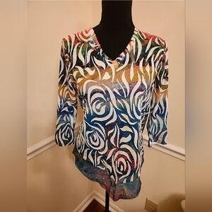 Leoma Lovegrove Women's  Colorful Toucan Print Asymmetrical Tunic LS Top Size S